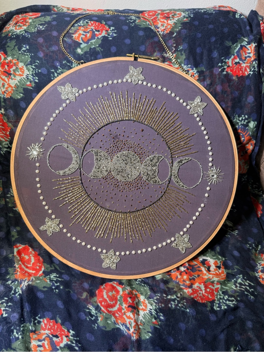 Hand-Embroidered Moon Phase Wall Art - Purple and Gold - Triple Goddess